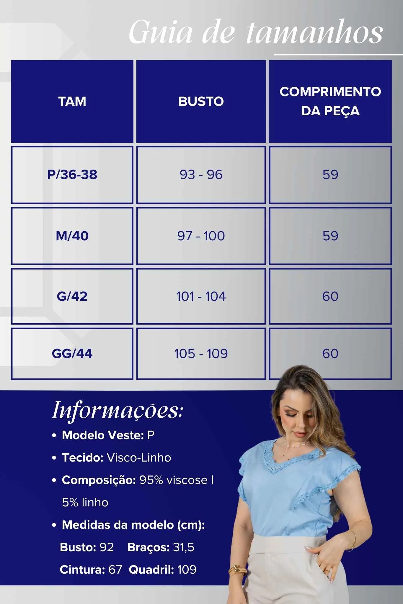 Blusa Manga Curta em Visco-Linho Decote em "V" com Detalhes em Renda Rute Azul