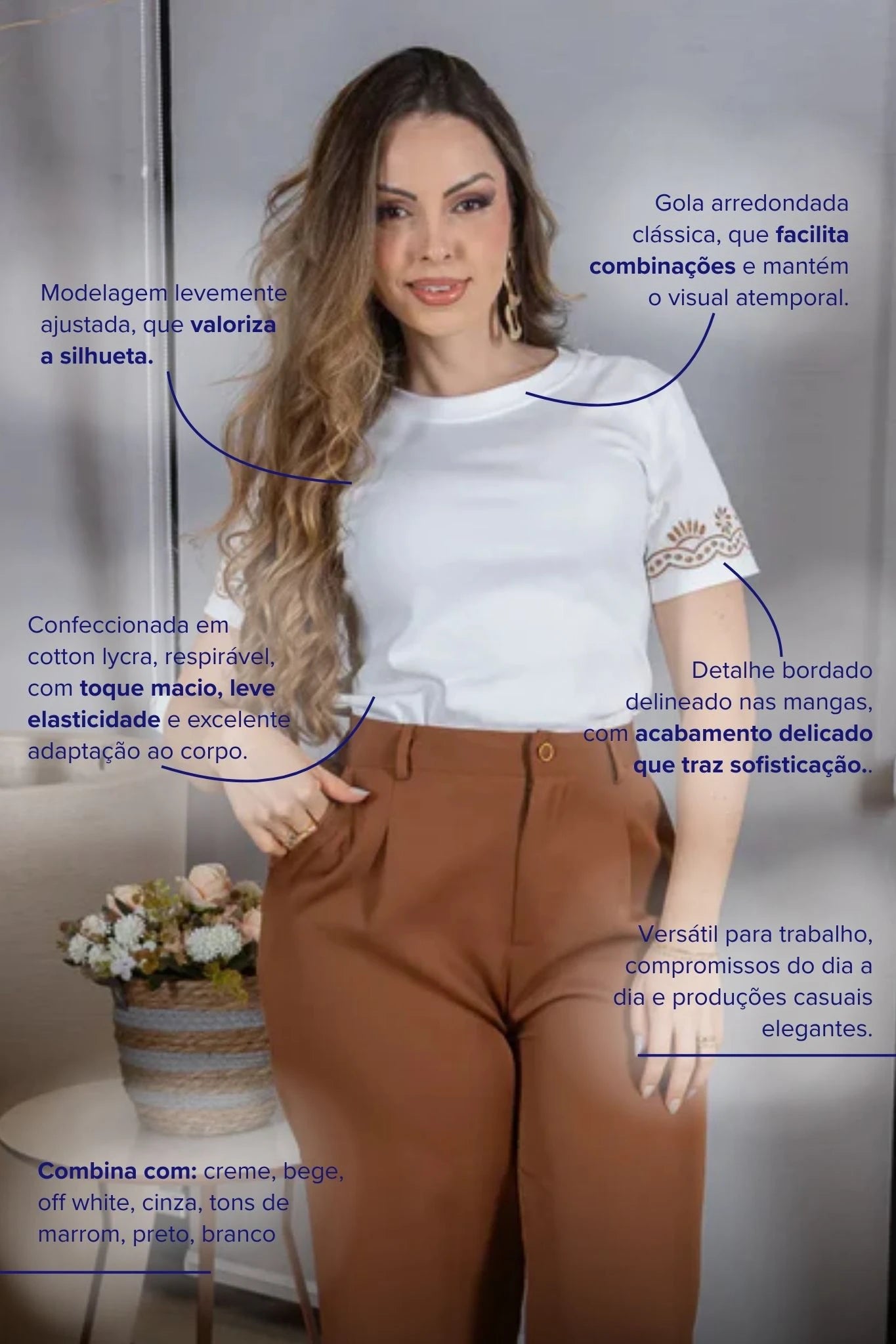 Blusa Manga Curta com Detalhe Bordado Floral em Cotton Lycra Samantha Branca