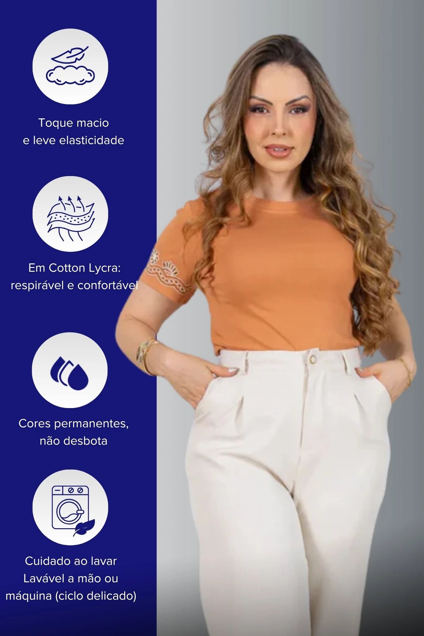 Blusa Manga Curta com Detalhe Bordado Floral em Cotton Lycra Samantha Coral