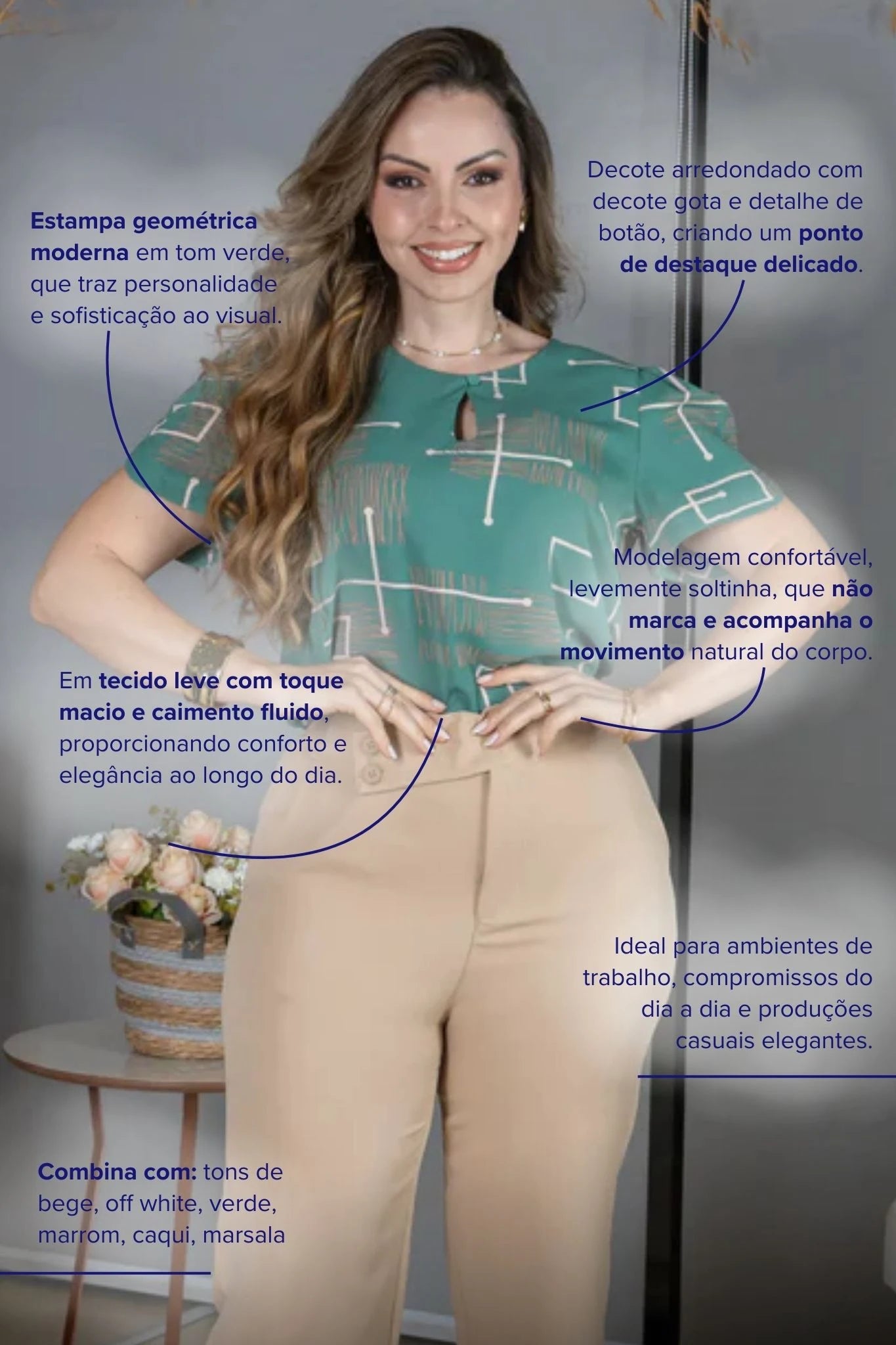 Blusa Manga Curta Colo Detalhe Botão Samara Estampada Verde