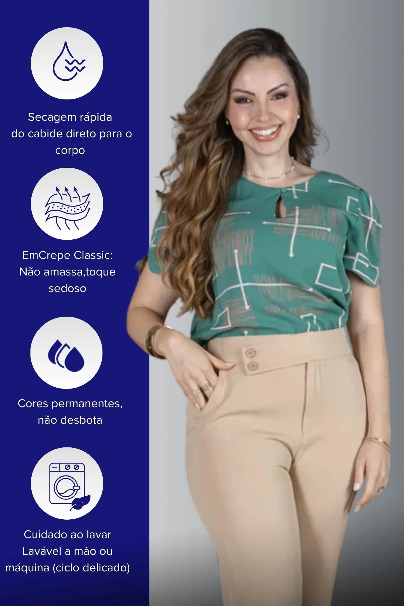 Blusa Manga Curta Colo Detalhe Botão Samara Estampada Verde