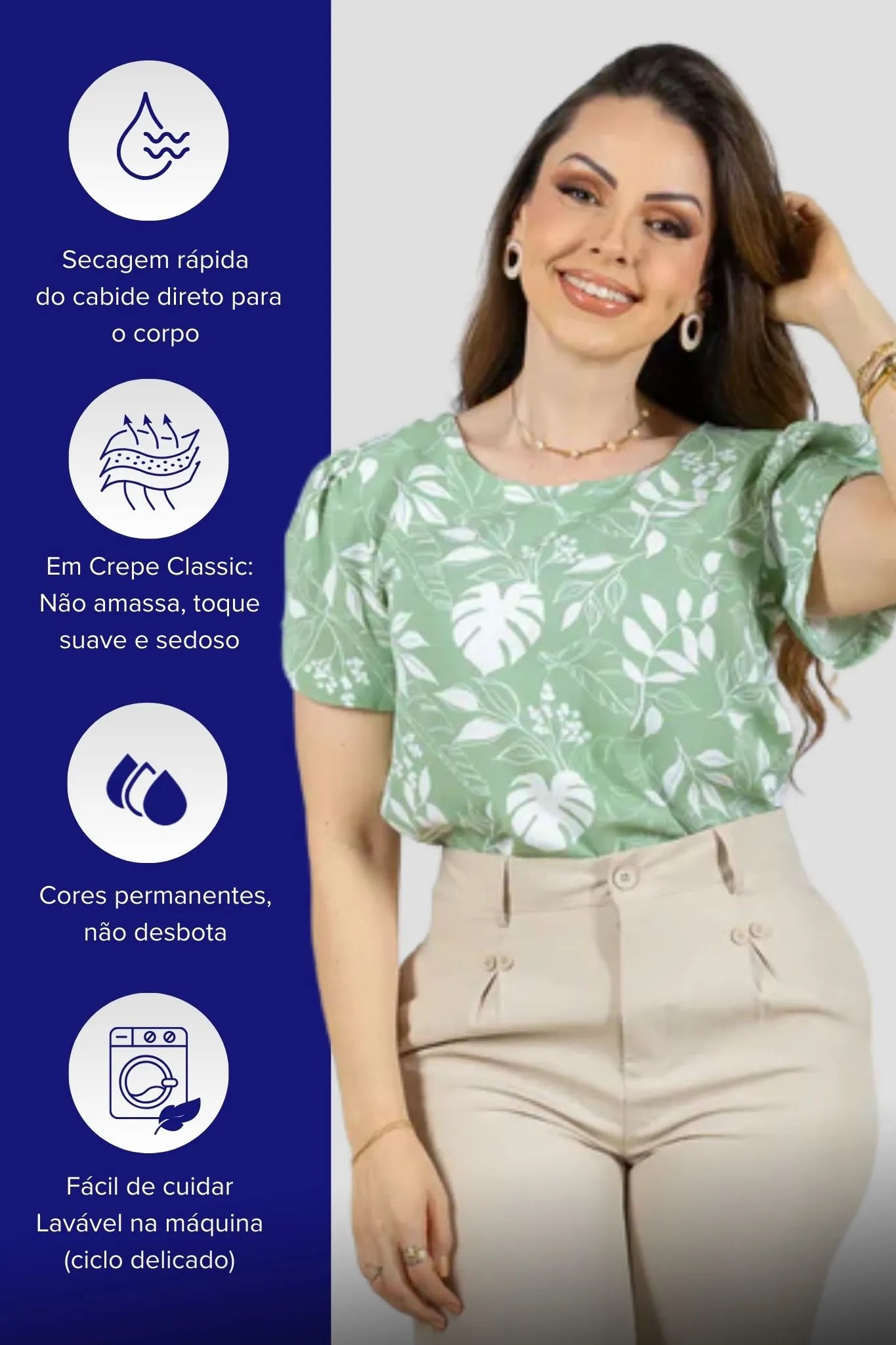 Blusa Manga Curta Detalhe Botão Crepe Classic Samara Estampada Verde