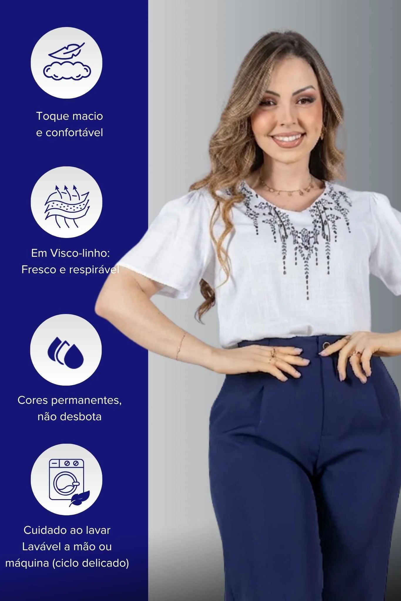 Blusa Manga Curta Decote V em Visco Linho com Acabamento Bordado Samira Branca