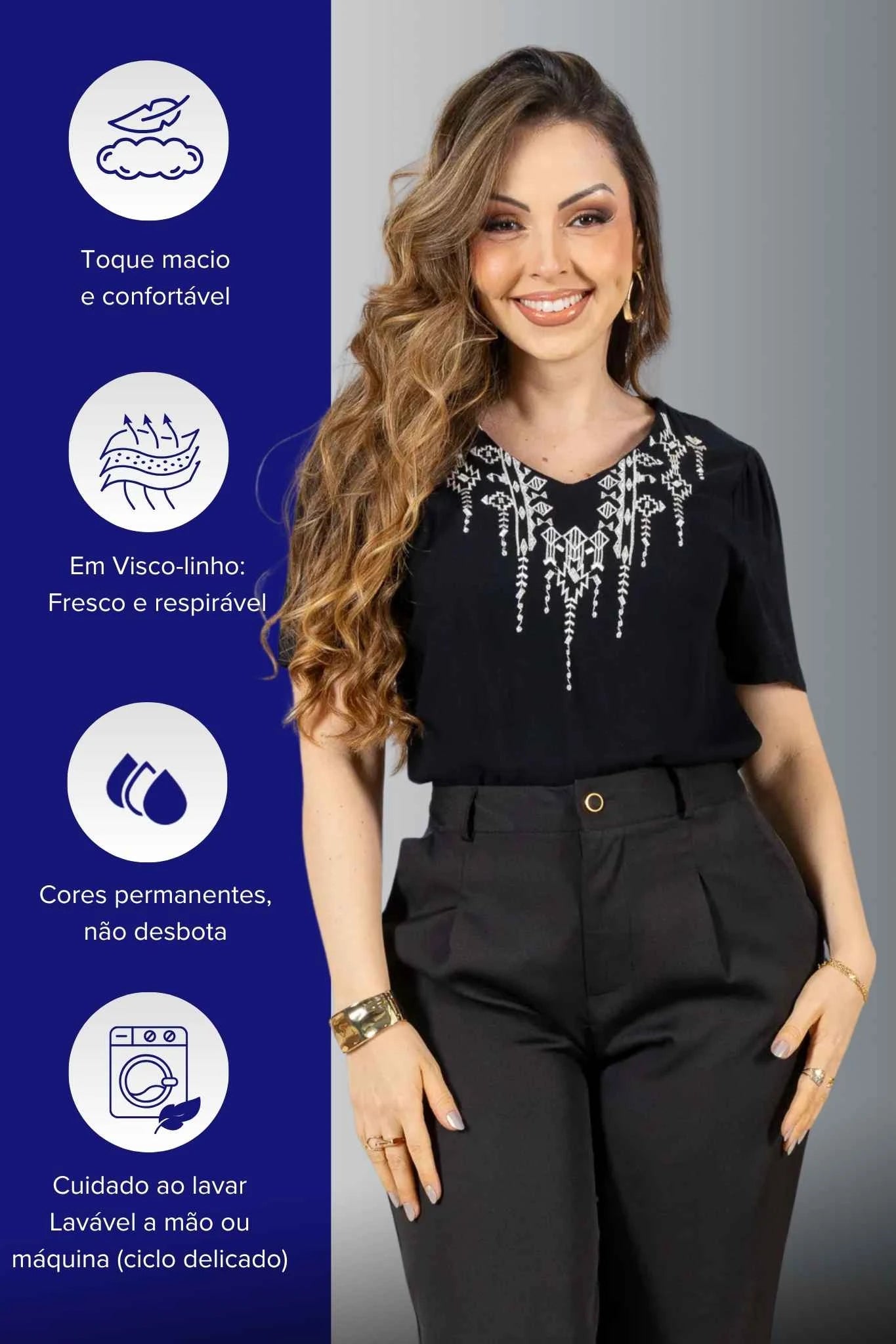 Blusa Manga Curta Decote V em Visco Linho com Acabamento Bordado Samira Preta