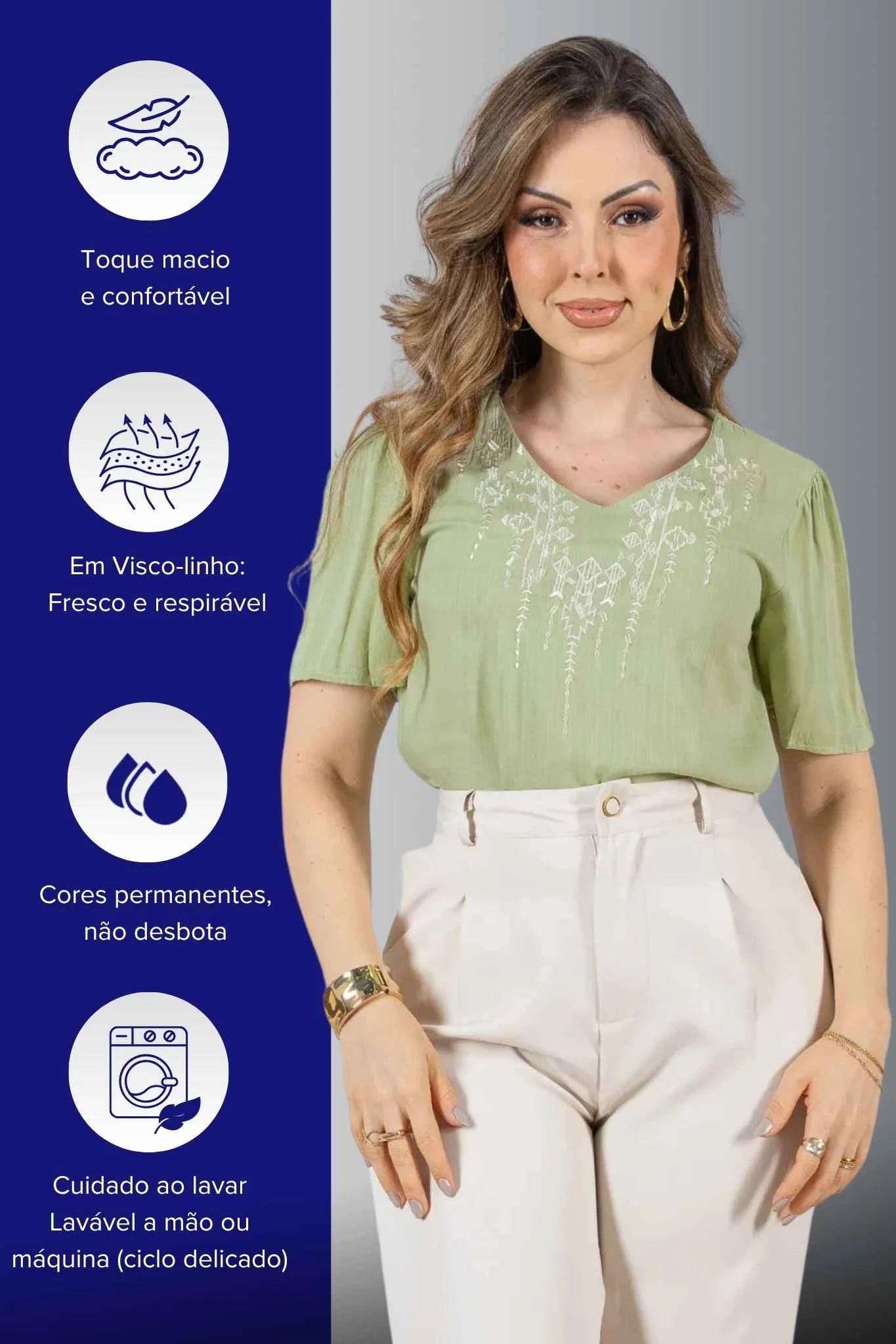 Blusa Manga Curta Decote V em Visco Linho com Acabamento Bordado Samira Verde