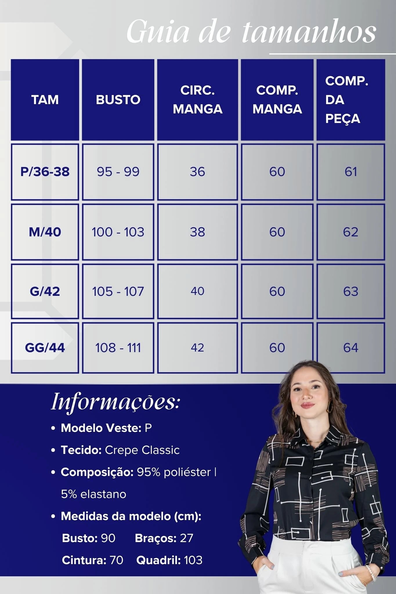 Camisa Manga Longa Crepe Classic Fecho em Botões Estampa Geométrica Sara Preta