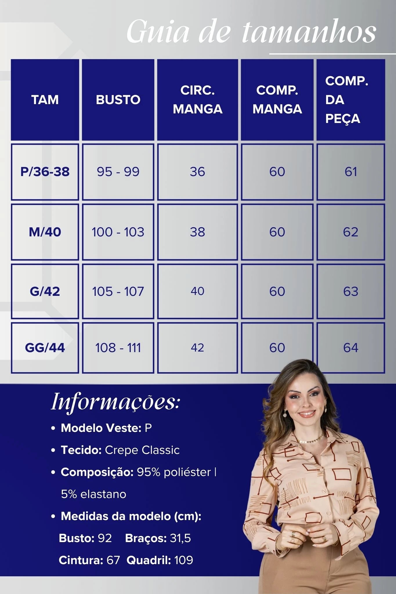 Camisa Manga Longa Crepe Classic Fecho em Botões Estampa Geométrica Sara Rosê