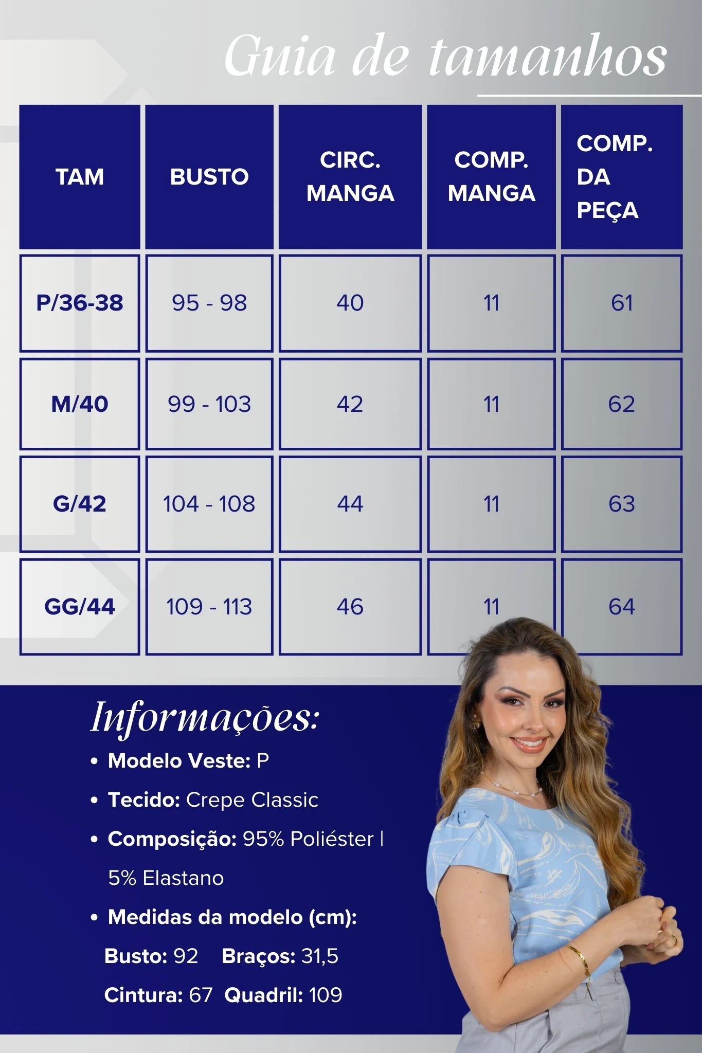 Blusa Manga Curta Transpassada Estampada em Crepe Classic Simone Azul
