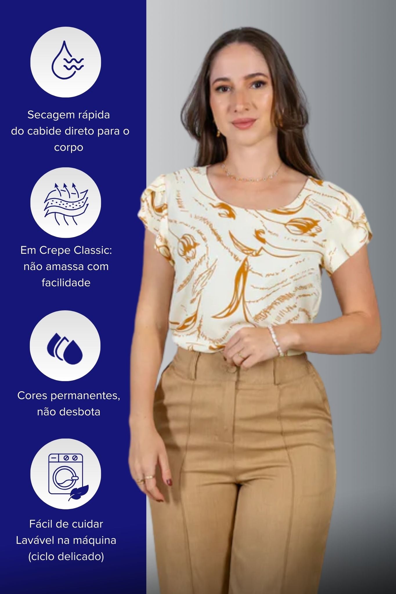Blusa Manga Curta Transpassada Estampada em Crepe Classic Simone Bege