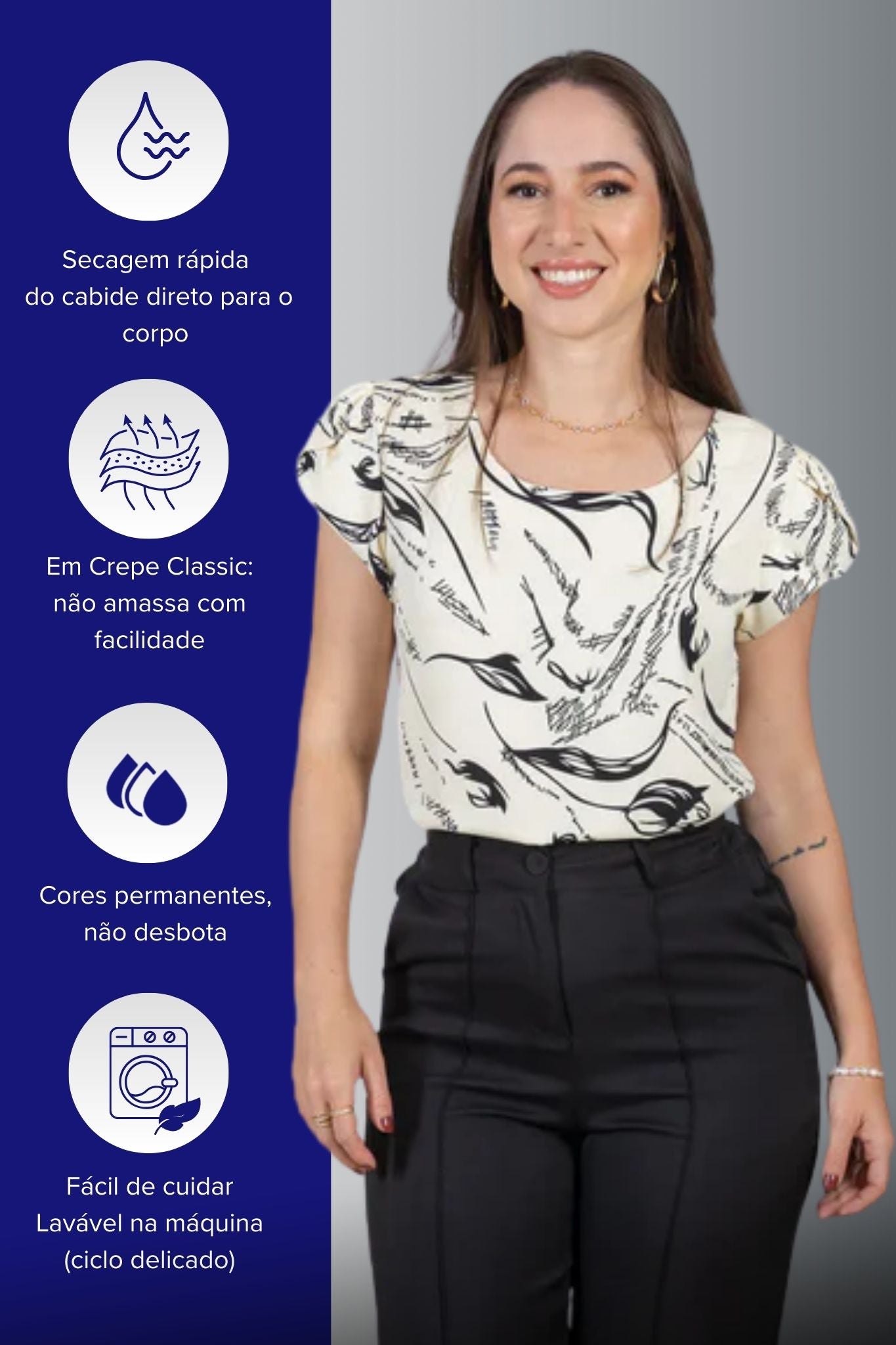 Blusa Manga Curta Transpassada Estampada em Crepe Classic Simone Creme