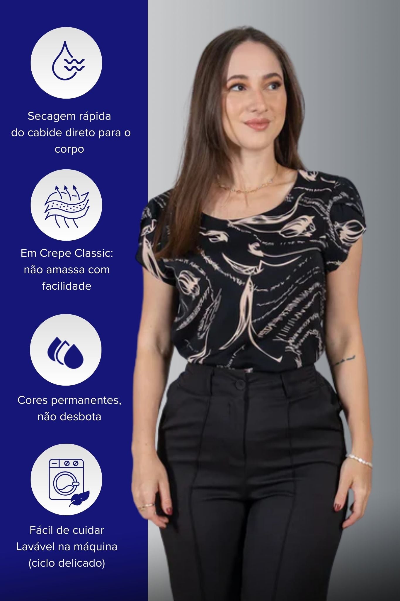Blusa Manga Curta Transpassada Estampada em Crepe Classic Simone Preta