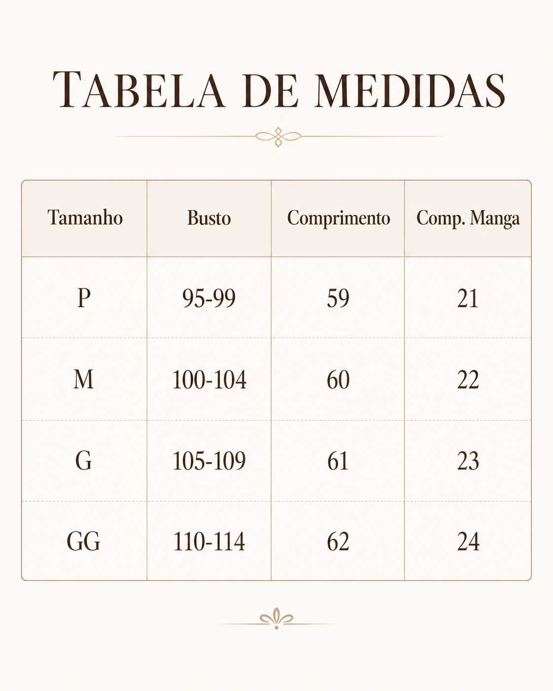 Tabela de medidas - Blusa em Laise com Pregas no Colo Dália Azul