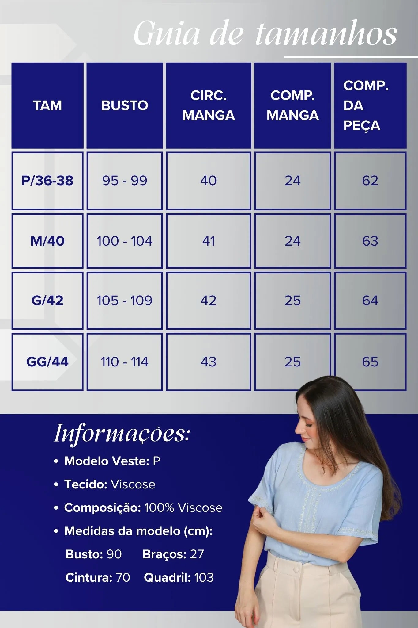 Blusa Manga Curta Viscose Detalhe Bordado Tereza Azul