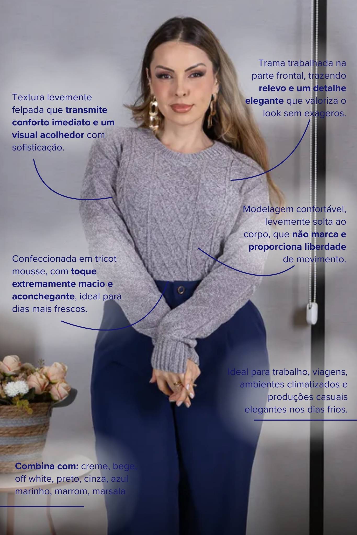 Blusa Manga Longa em Tricot Mousse Valentina Cinza