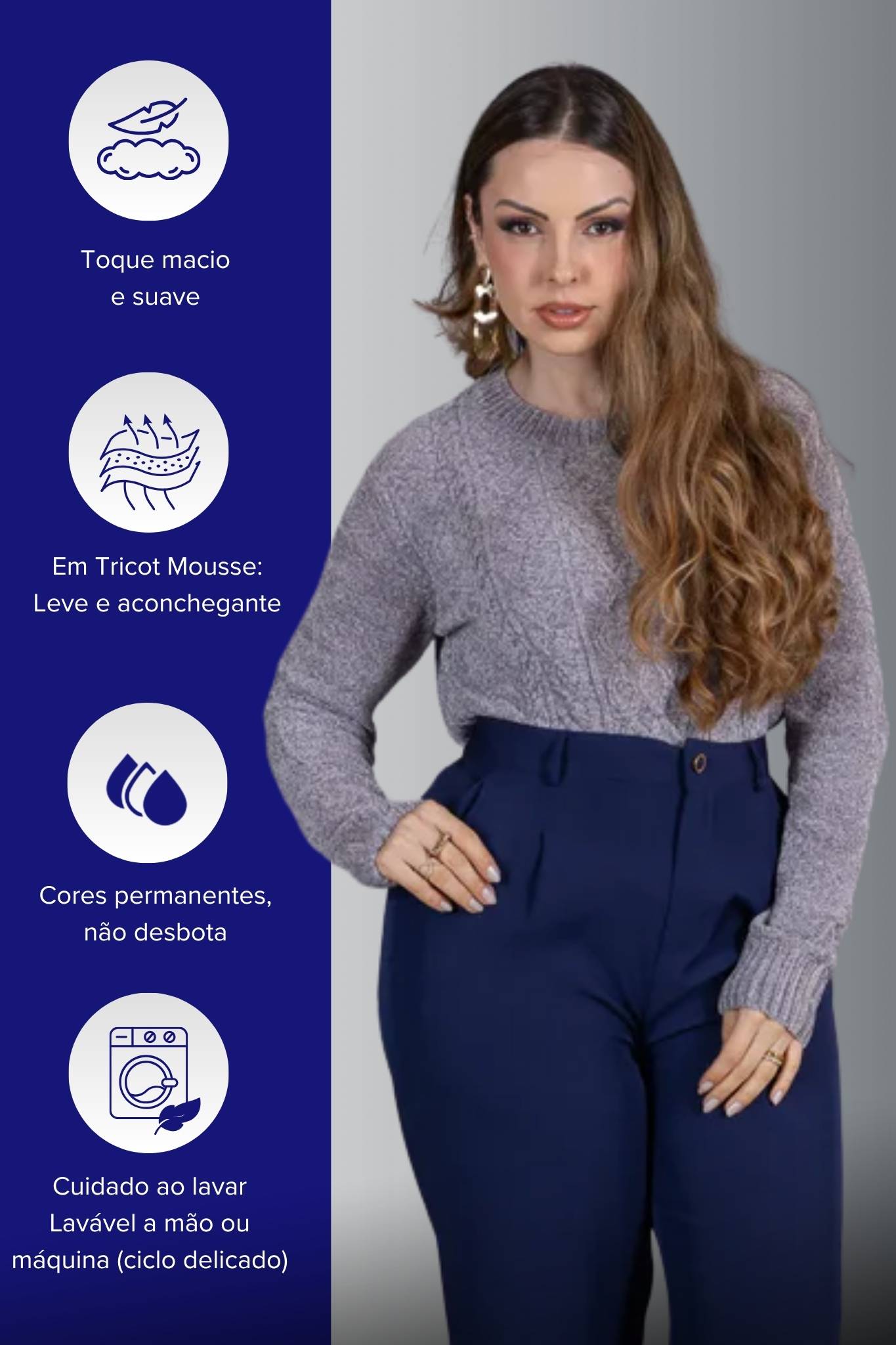 Blusa Manga Longa em Tricot Mousse Valentina Cinza