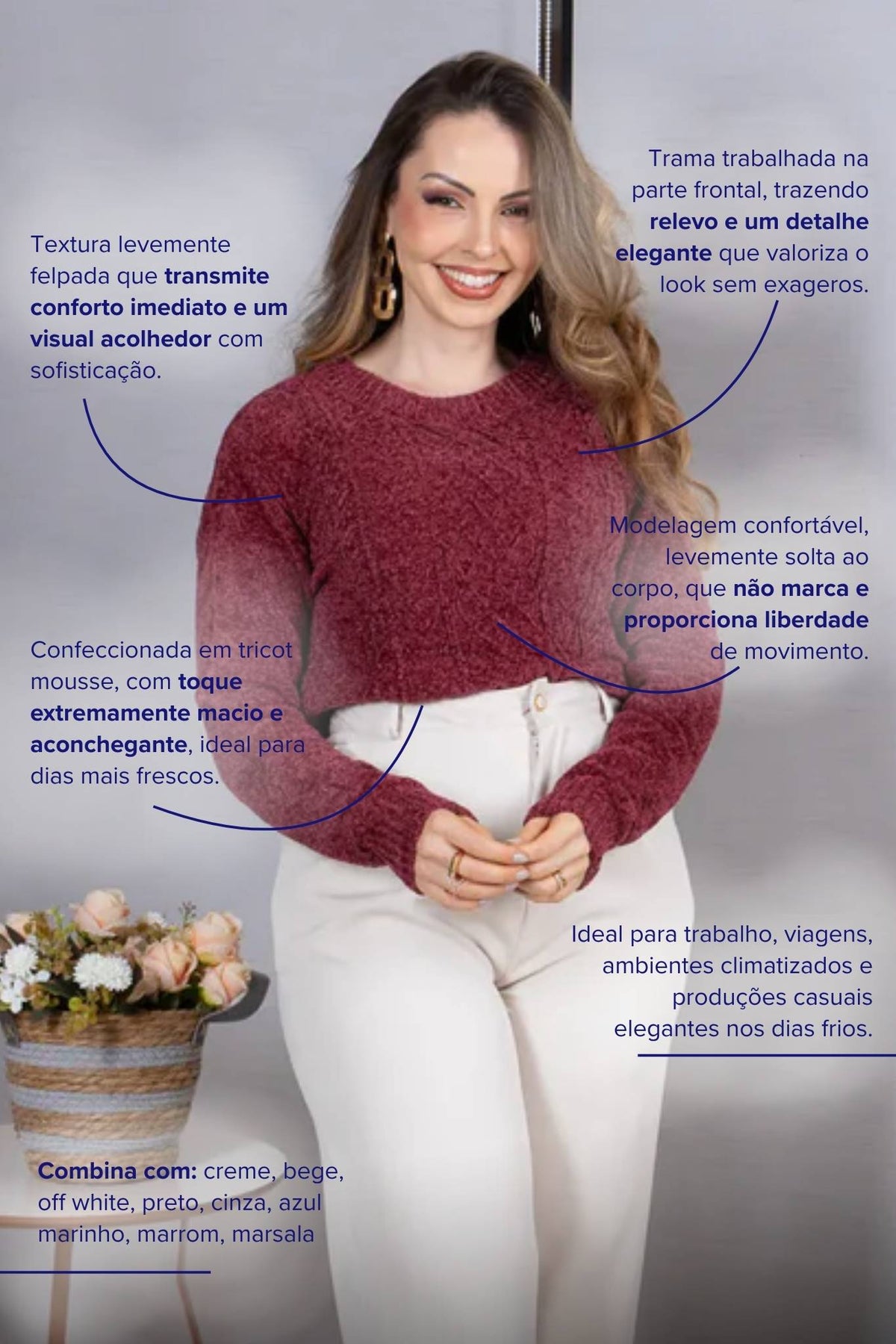 Blusa Manga Longa em Tricot Mousse Valentina Marsala