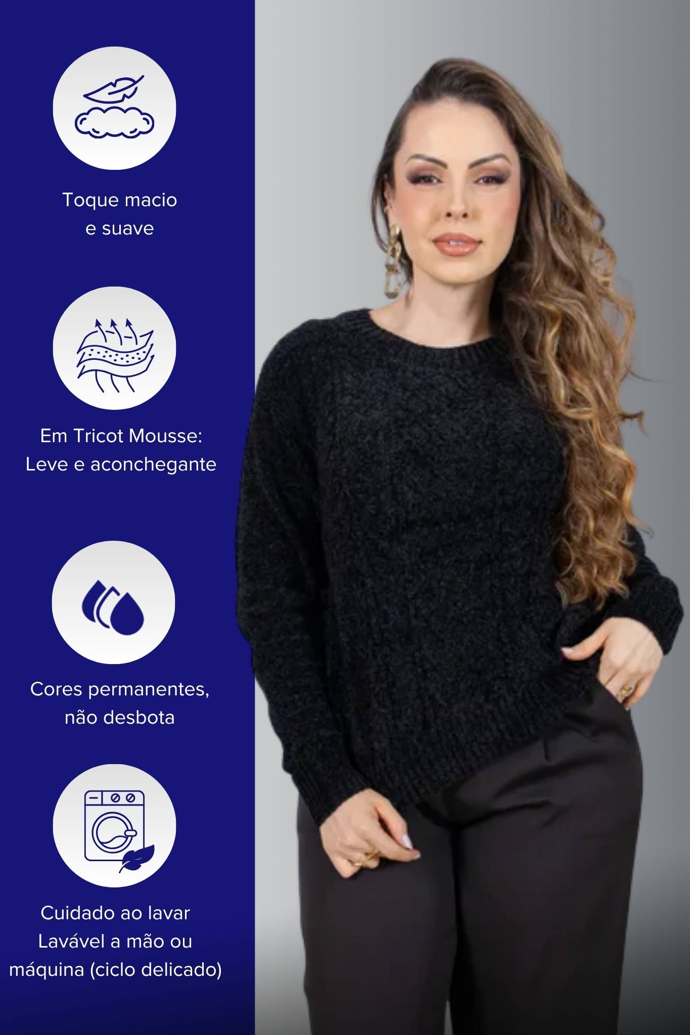 Blusa Manga Longa em Tricot Mousse Valentina Preto