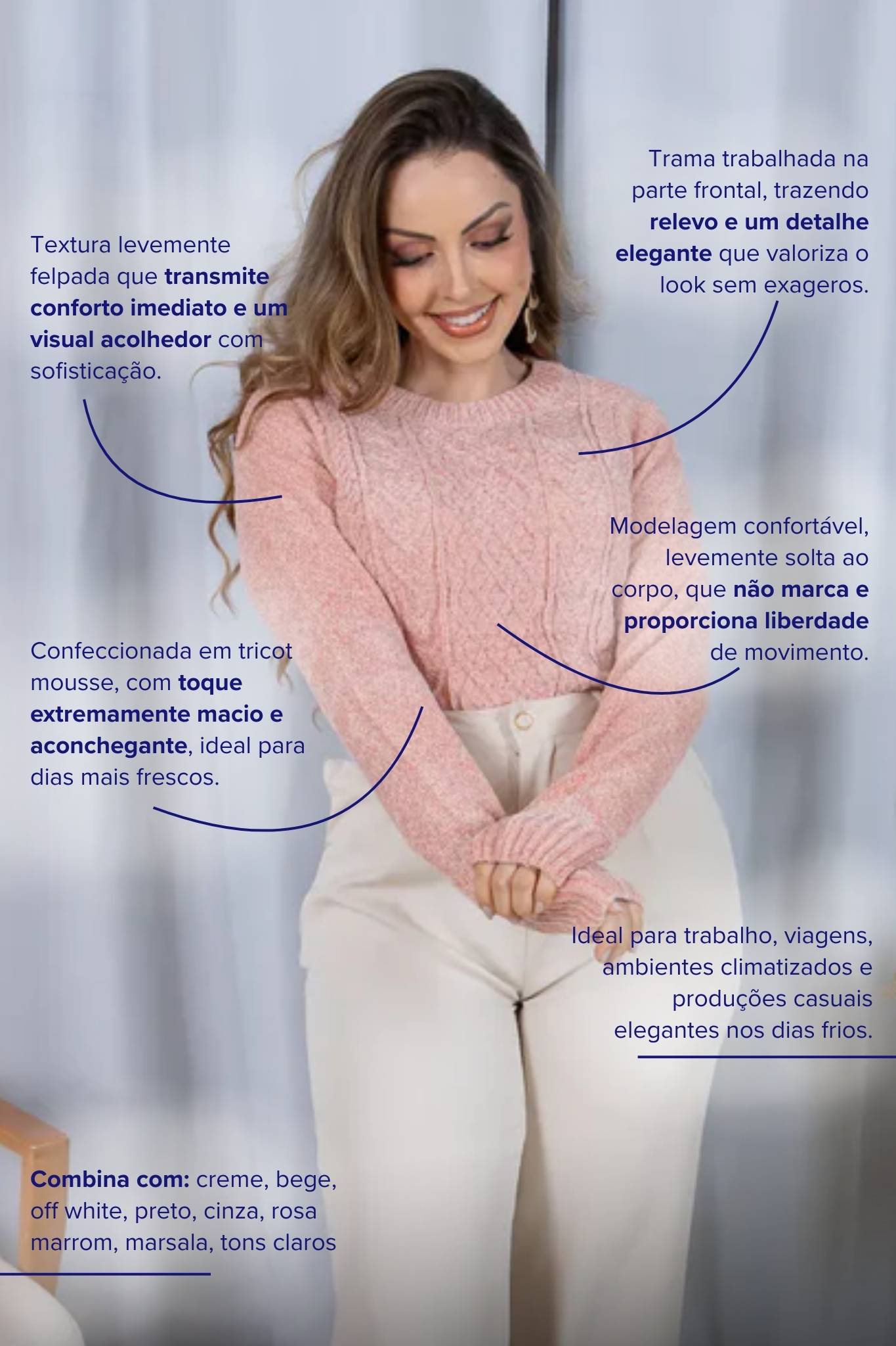 Blusa Manga Longa em Tricot Mousse Valentina Rosa