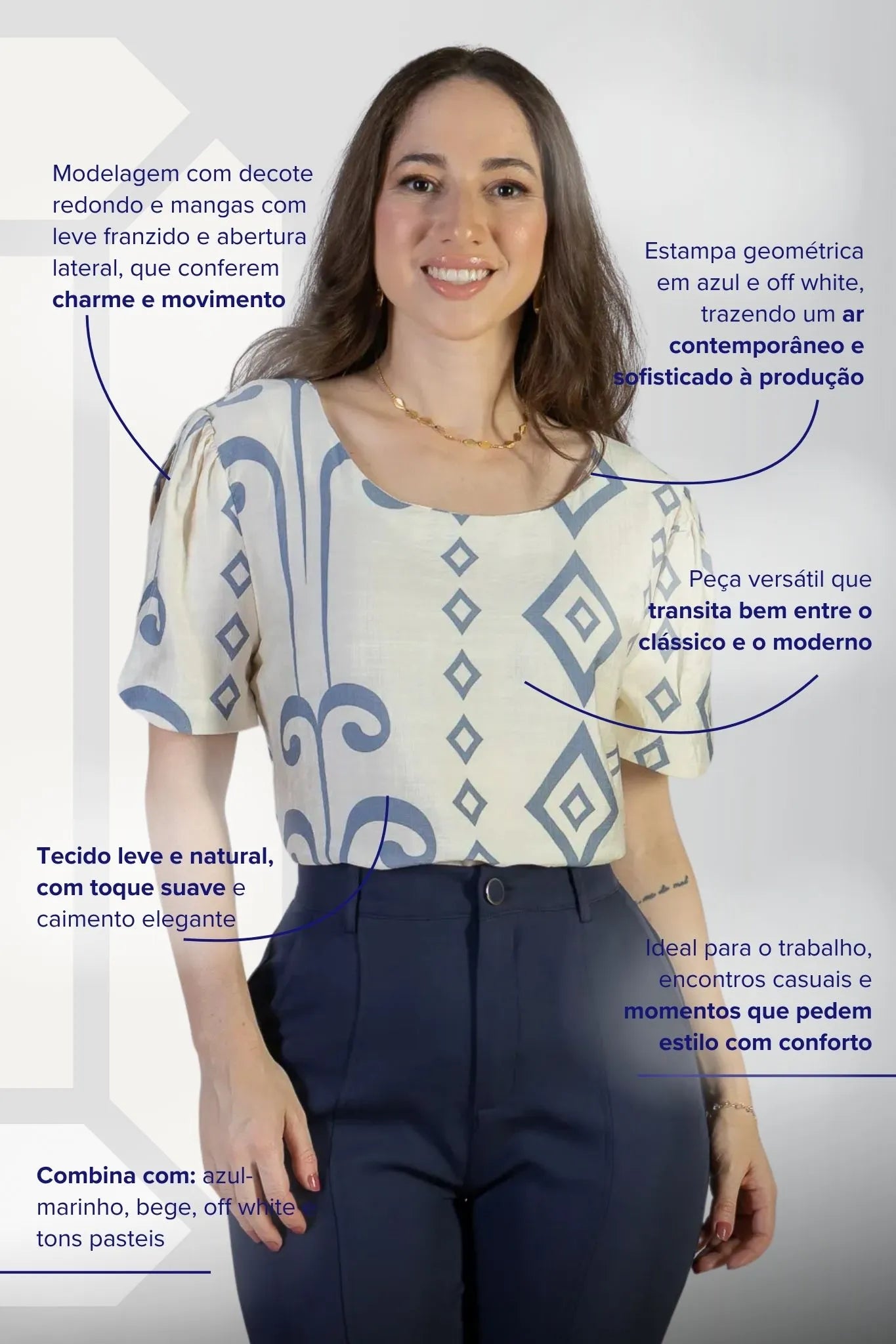 Blusa Manga Curta Detalhe Botão Visco Brise Vânia Estampada Azul Acinzentado