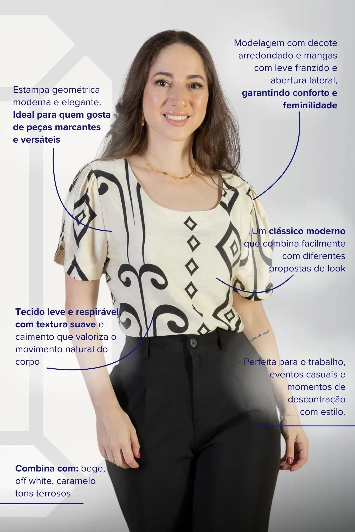 Blusa Manga Curta Detalhe Botão Visco Brise Vânia Estampada Preta