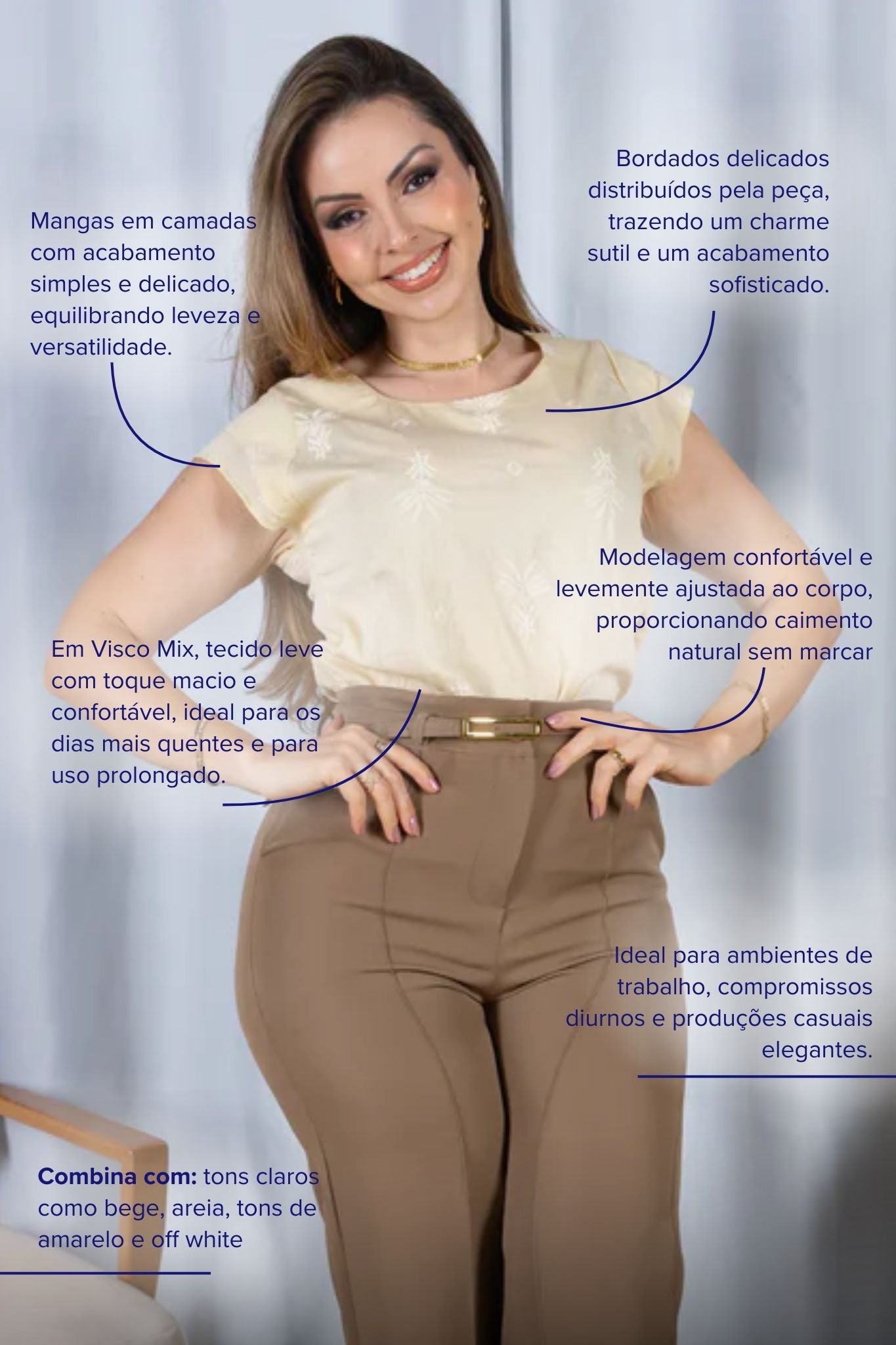 Blusa Manga Curta Detalhe em Camadas em Visco Mix Bordado Verônica Creme
