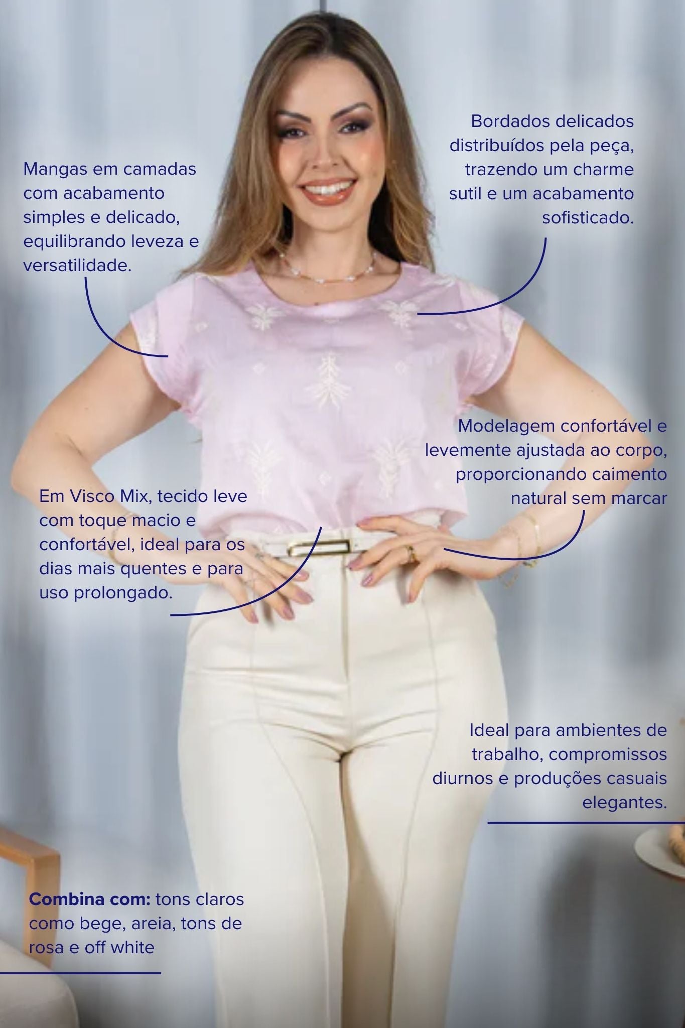 Blusa Manga Curta Detalhe em Camadas em Visco Mix Bordado Verônica Rosa