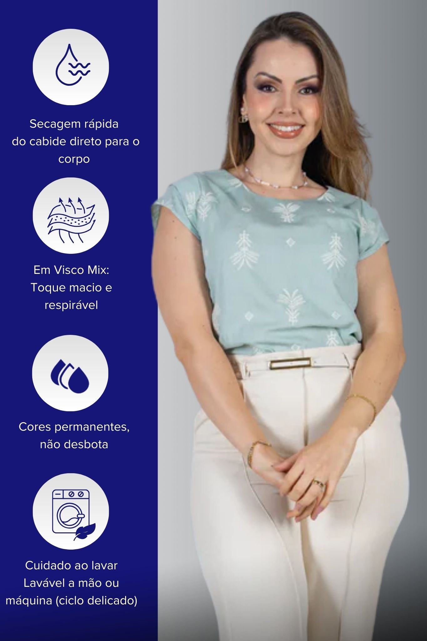 Blusa Manga Curta Detalhe em Camadas em Visco Mix Bordado Verônica Verde Turquesa