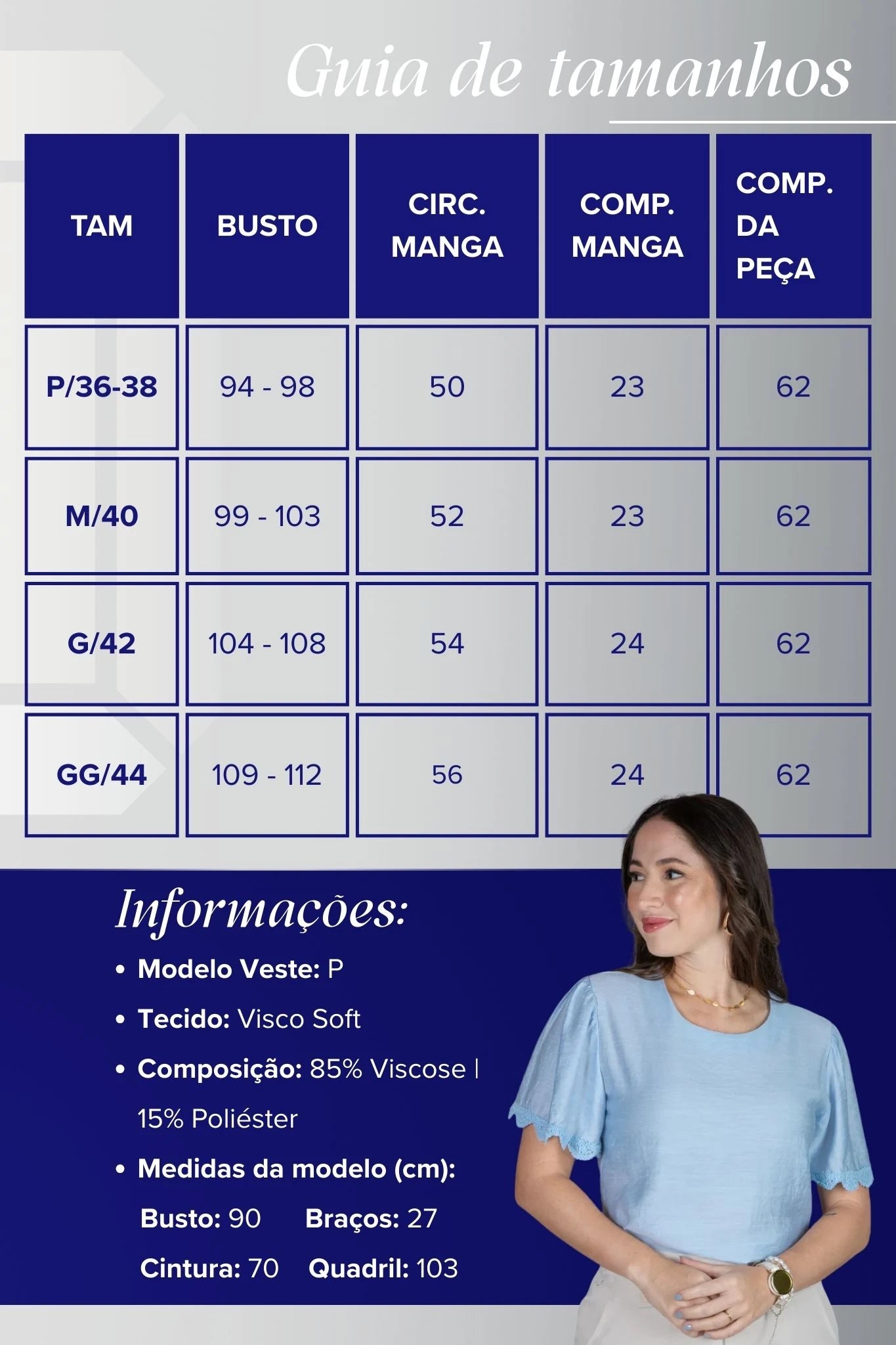 Blusa Manga Curta com Detalhes Bordados em Visco Soft Wanda Azul