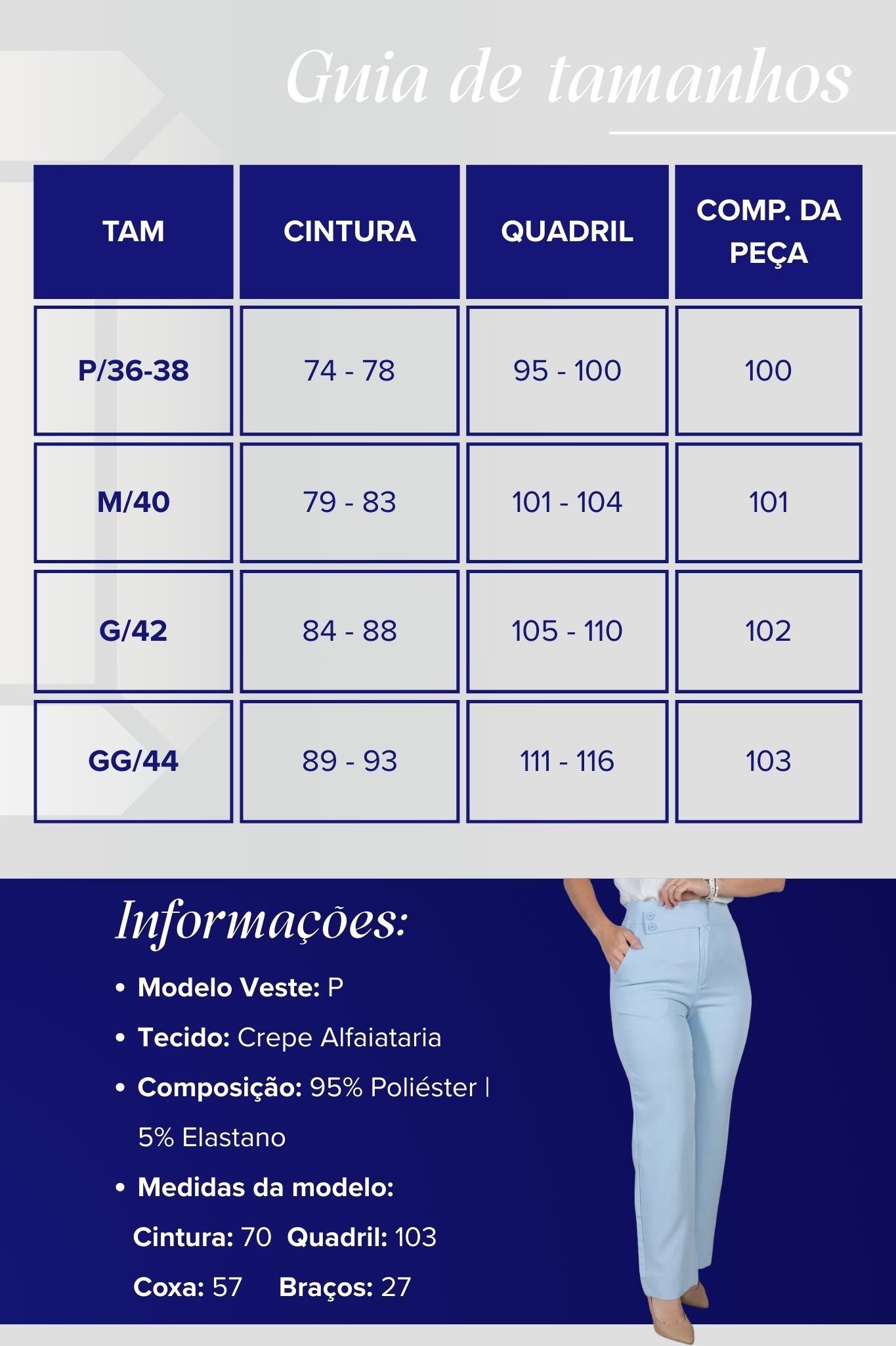 Calça Corte Reto em Alfaiataria Cós Assimétrico com Elástico Yasmin Azul