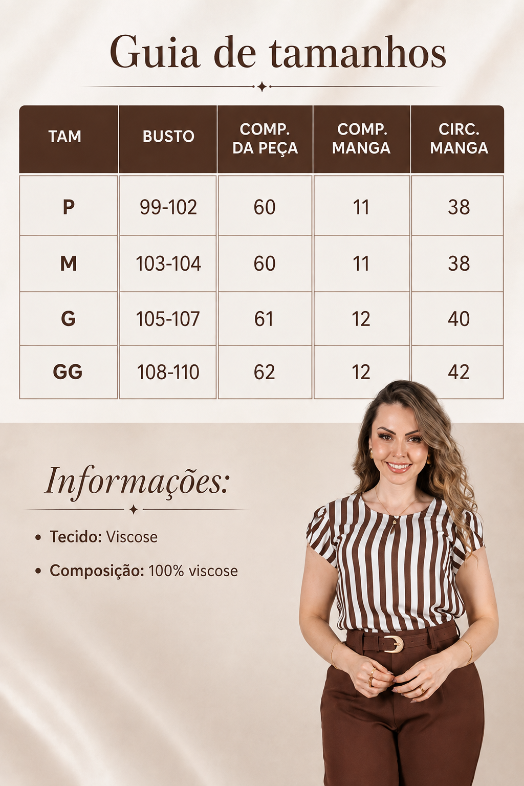 Blusa em Visco Rustic Listrada com Manga Transpassada Adriana Marrom