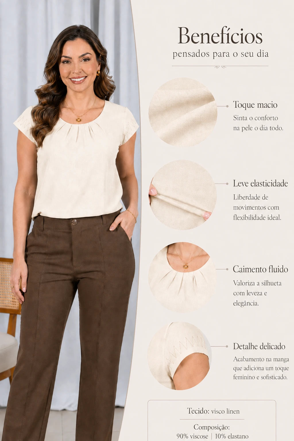 Blusa Visco Linen Muscle com Pregas no Decote Alana Creme