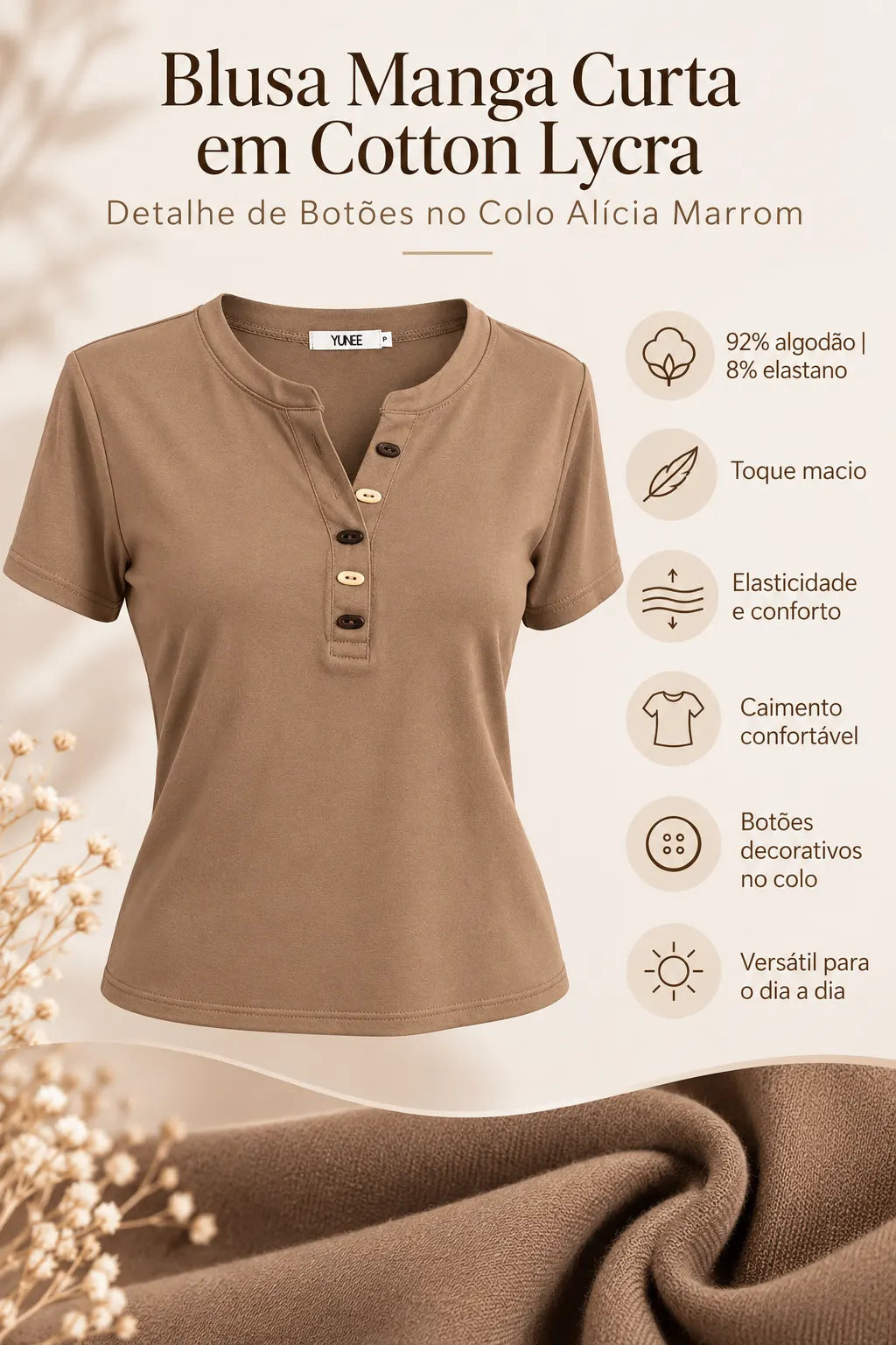 Blusa Manga Curta em Cotton Lycra com Detalhe de Botões no Colo Alícia Marrom