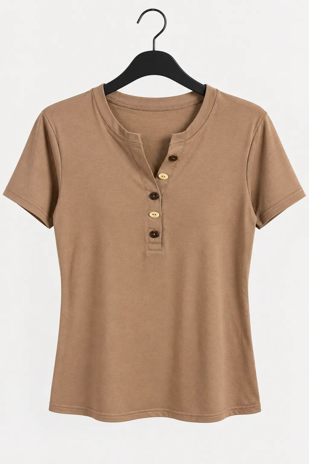 Blusa Manga Curta em Cotton Lycra com Detalhe de Botões no Colo Alícia Marrom