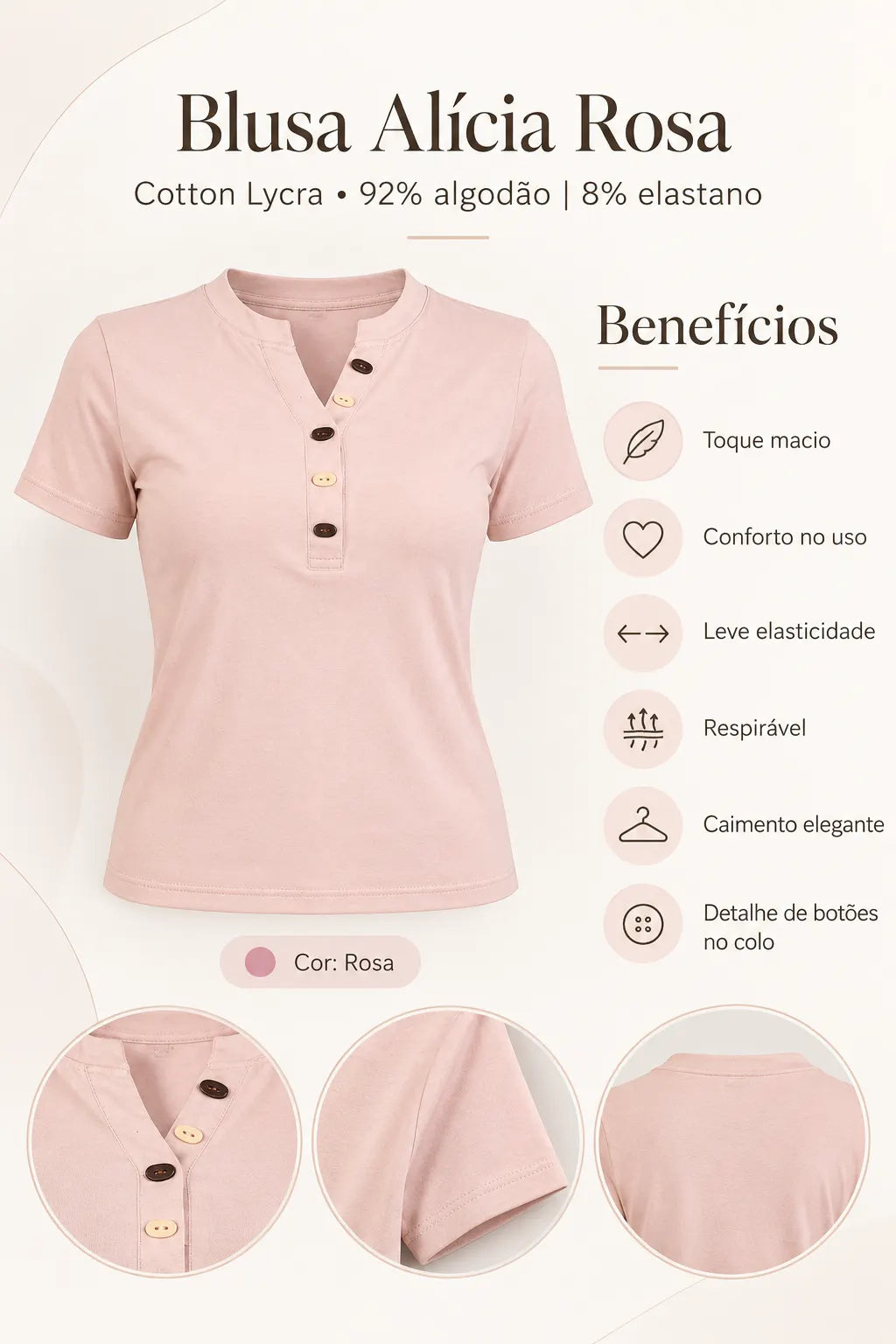 Blusa Manga Curta em Cotton Lycra com Detalhe de Botões no Colo Alícia Rosa