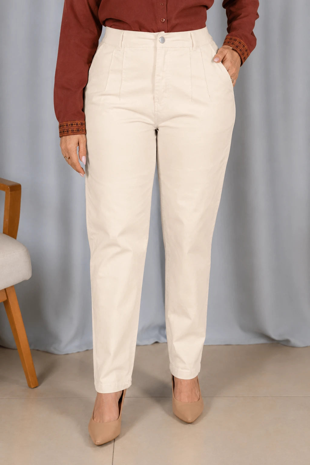 Calça Sarja Macia Corte Reto Analice Creme