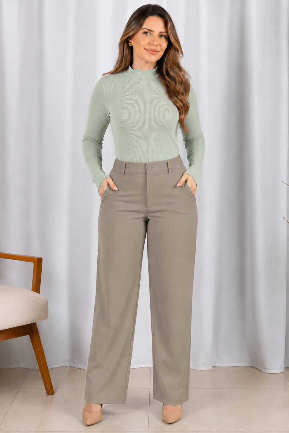 Blusa Manga Longa Malha Canelada Anastácia Verde
