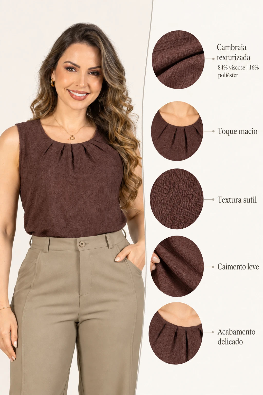 Blusa Regata Em Cambraia Texturizada Ângela Marrom