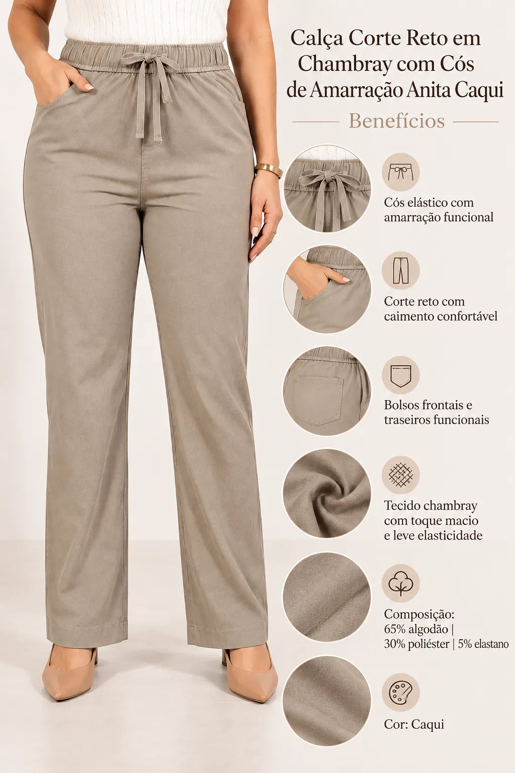 Calça Corte Reto em Chambray com Cós de Amarração Anita Caqui