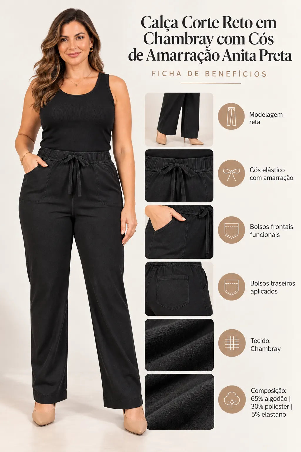 Calça Corte Reto em Chambray com Cós de Amarração Anita Preta