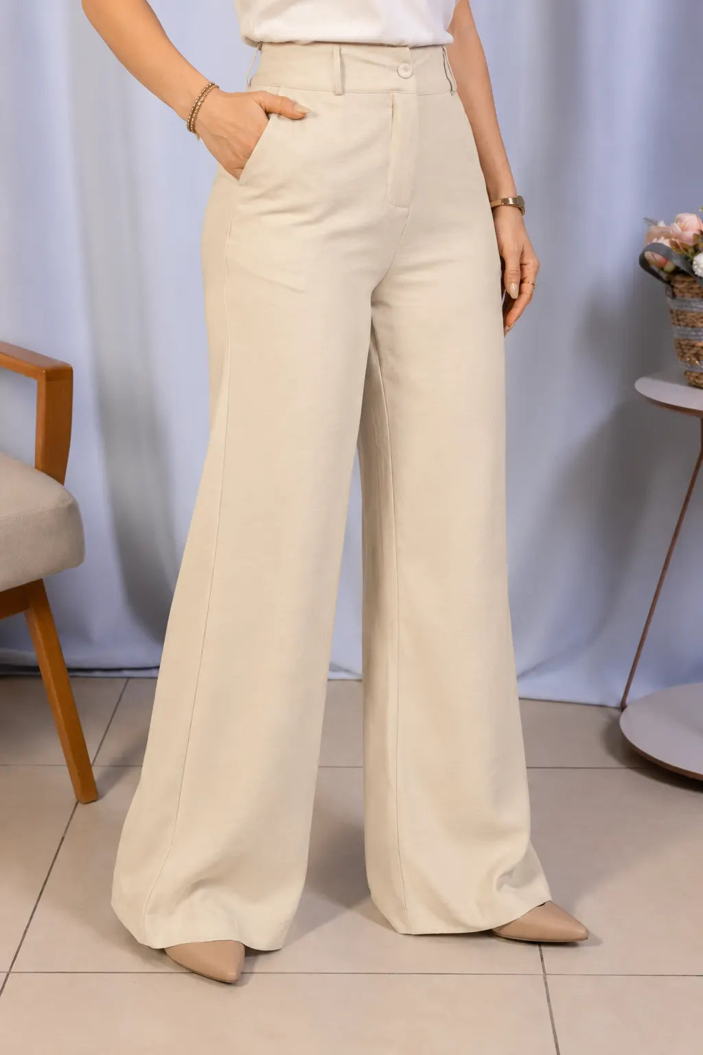 Calça Pantalona em Crepe Urban Ariadne Creme