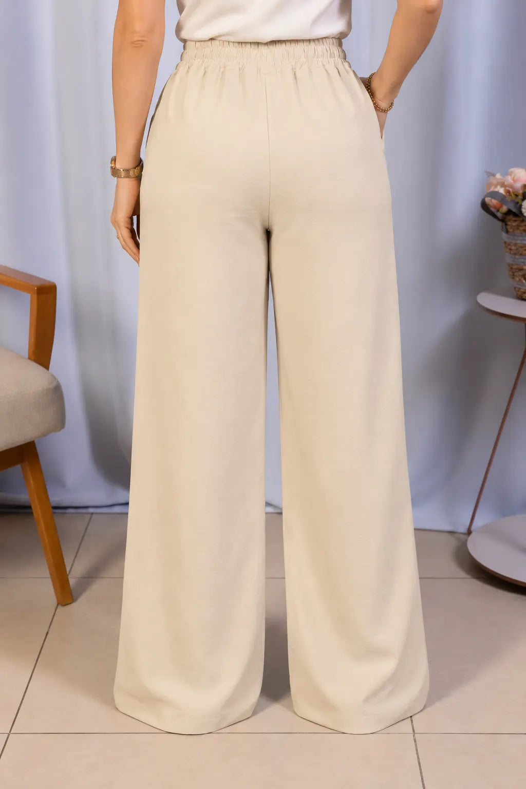 Calça Pantalona em Crepe Urban Ariadne Creme