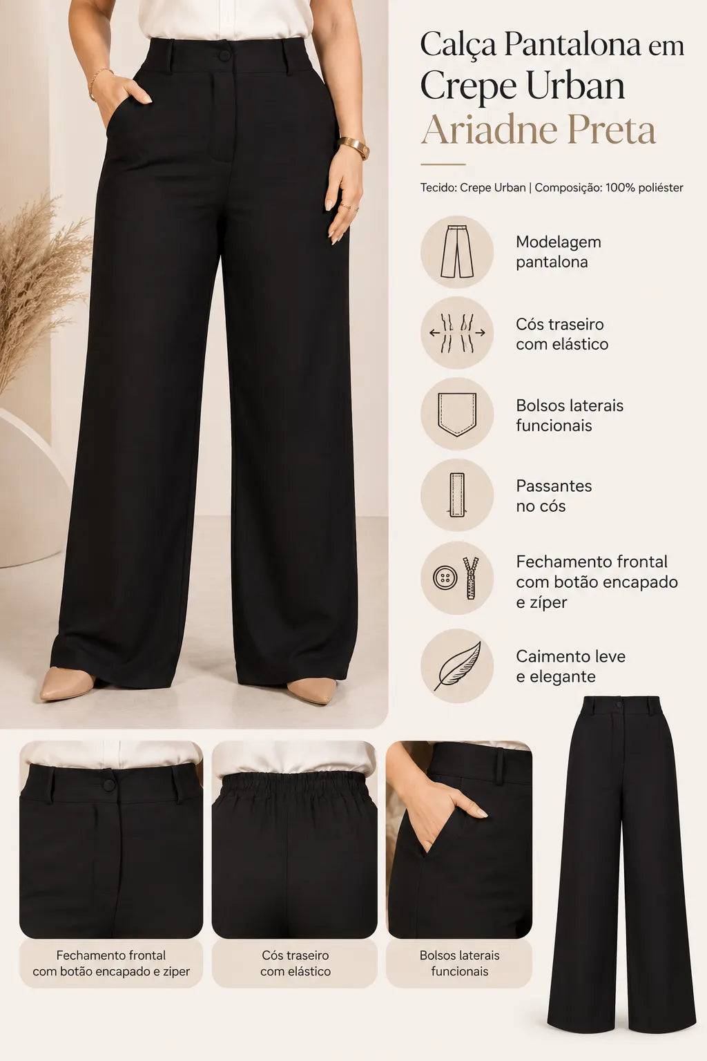 Calça Pantalona em Crepe Urban Ariadne Preta