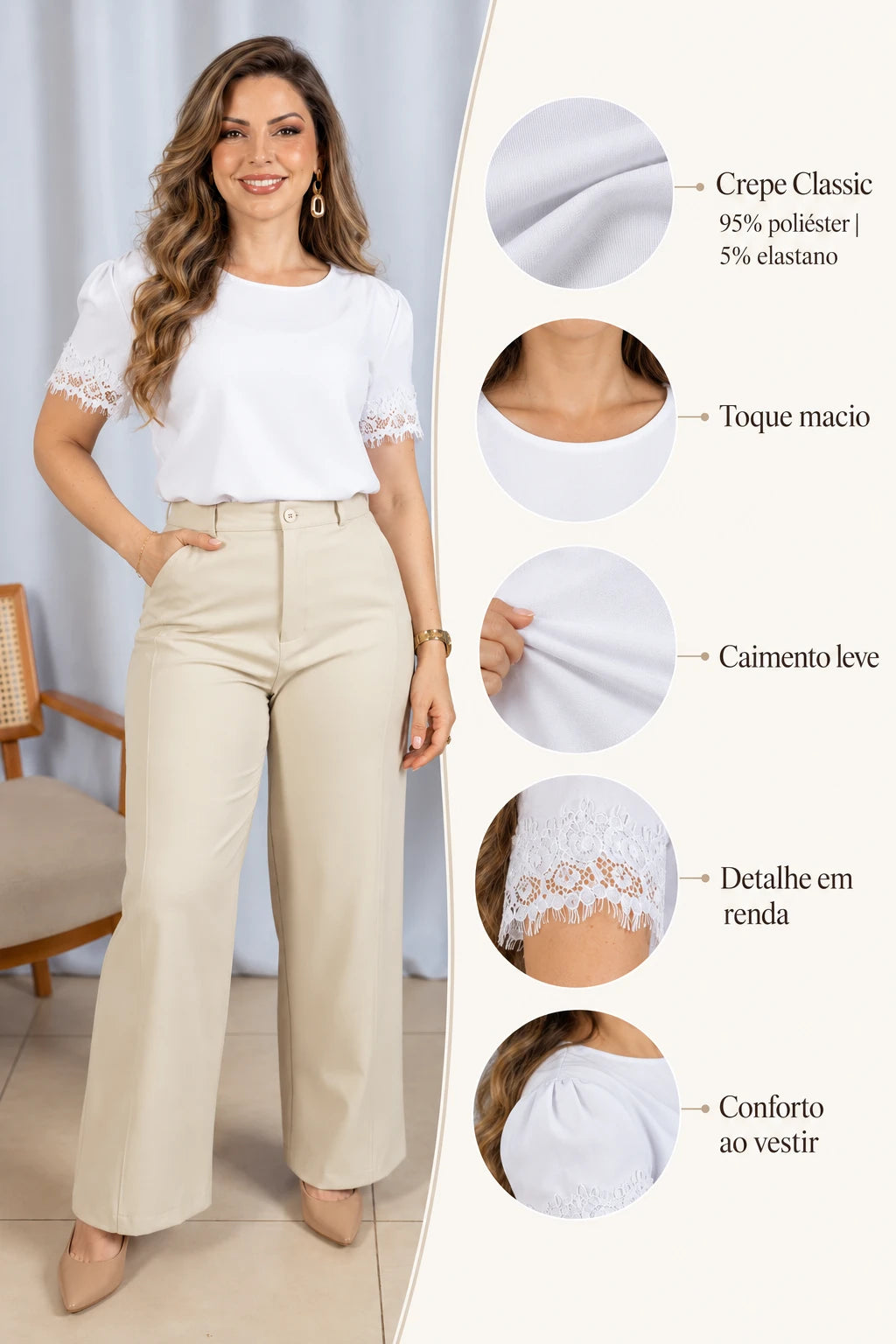 Blusa Manga Curta Detalhe Manga Em Renda Bárbara Branca