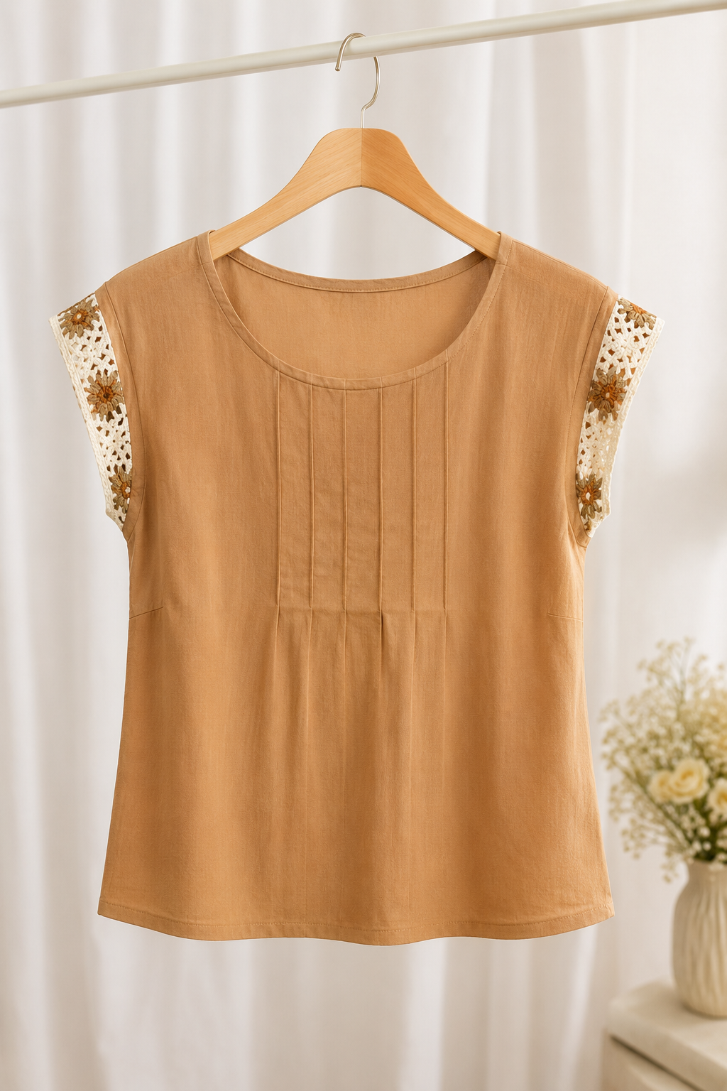 Blusa Em Visco Linho Manga Muscle Bordada Elen Marrom