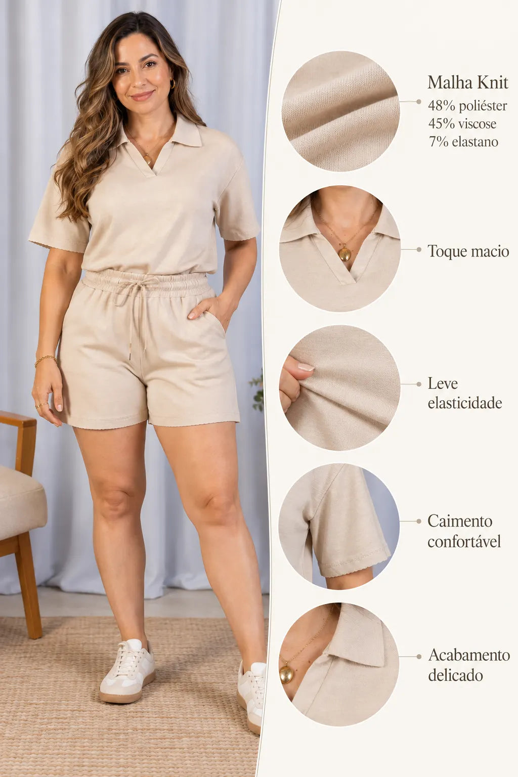 Blusa Decote V Confortável em Malha Knit Belinda Creme