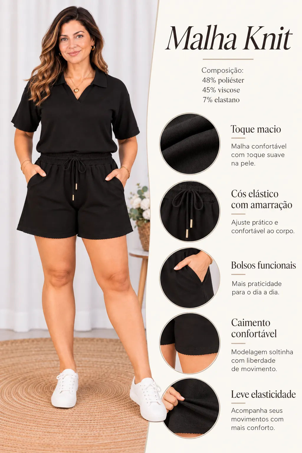 Shorts Confortável em Malha Knit Belinda Preta
