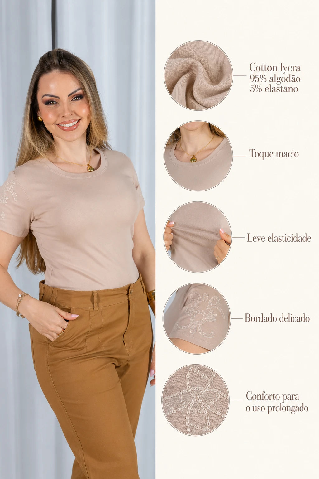 Blusa Cotton Lycra com Bordado Delicado Sabrina Bege