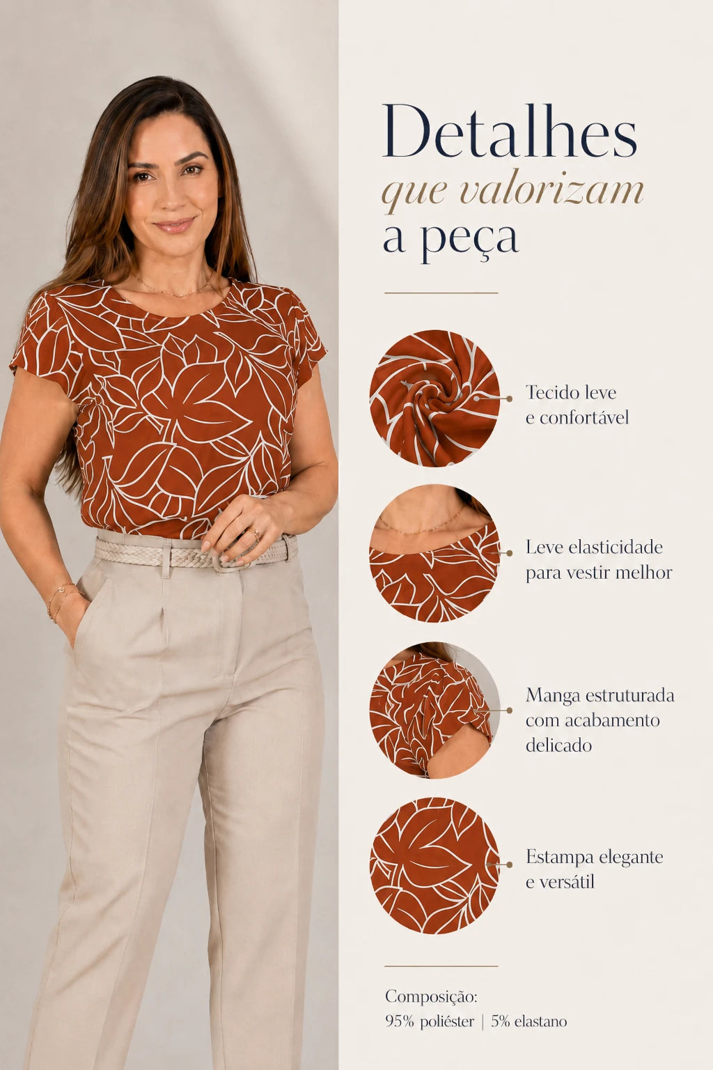 Blusa Estampada com Manga Transpassada Suelen Marrom