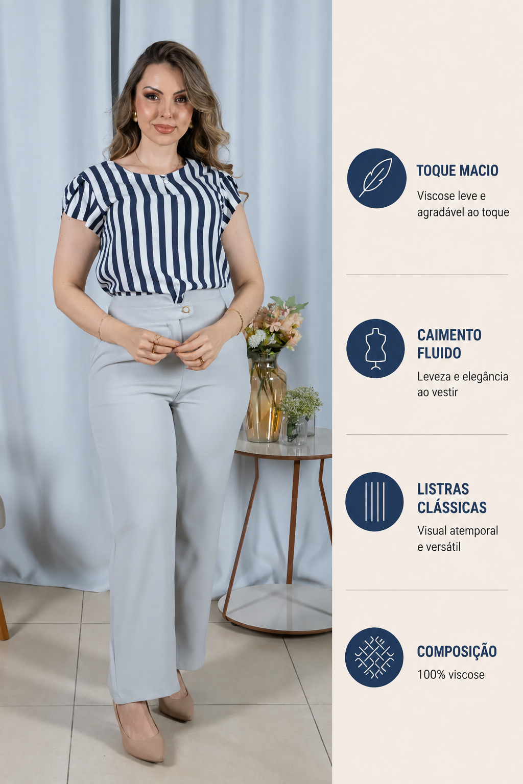 Blusa em Visco Rustic Listrada com Manga Transpassada Adriana Azul Marinho
