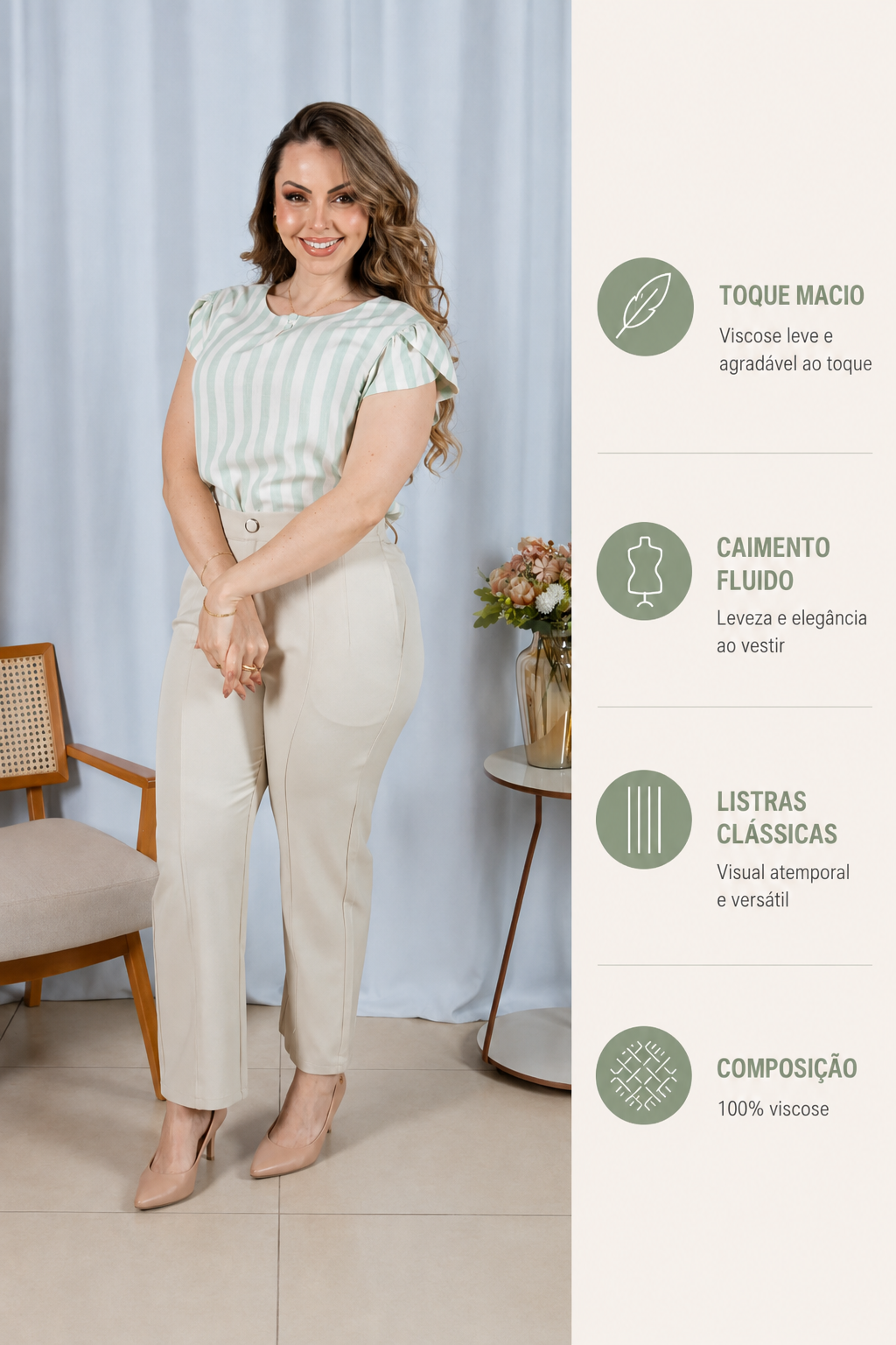 Blusa em Visco Rustic Listrada com Manga Transpassada Adriana Verde